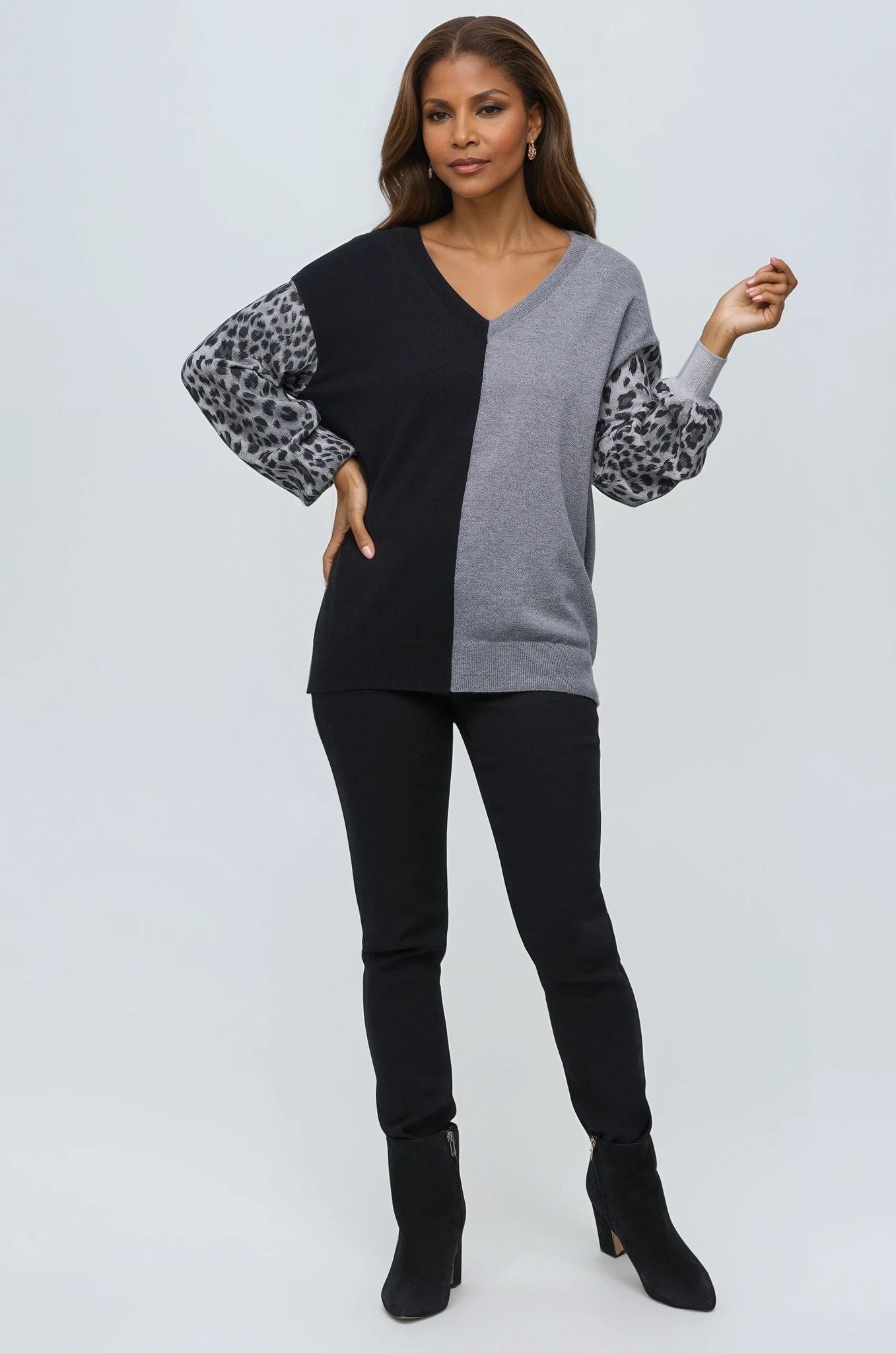 Cheetah Split V-Neck Knit Sweater