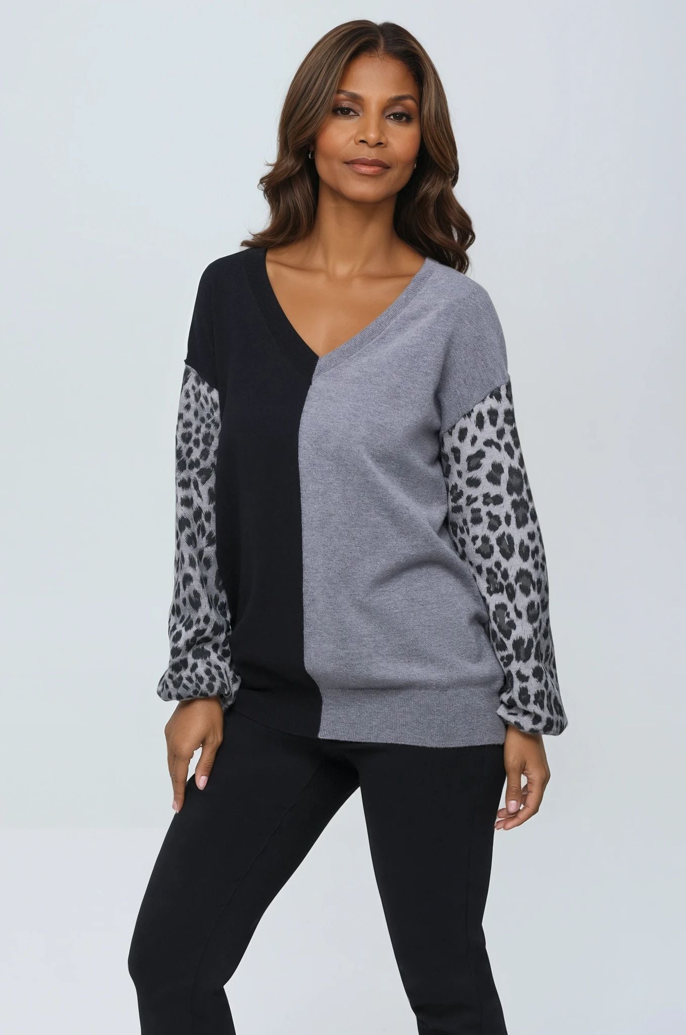 Cheetah Split V-Neck Knit Sweater