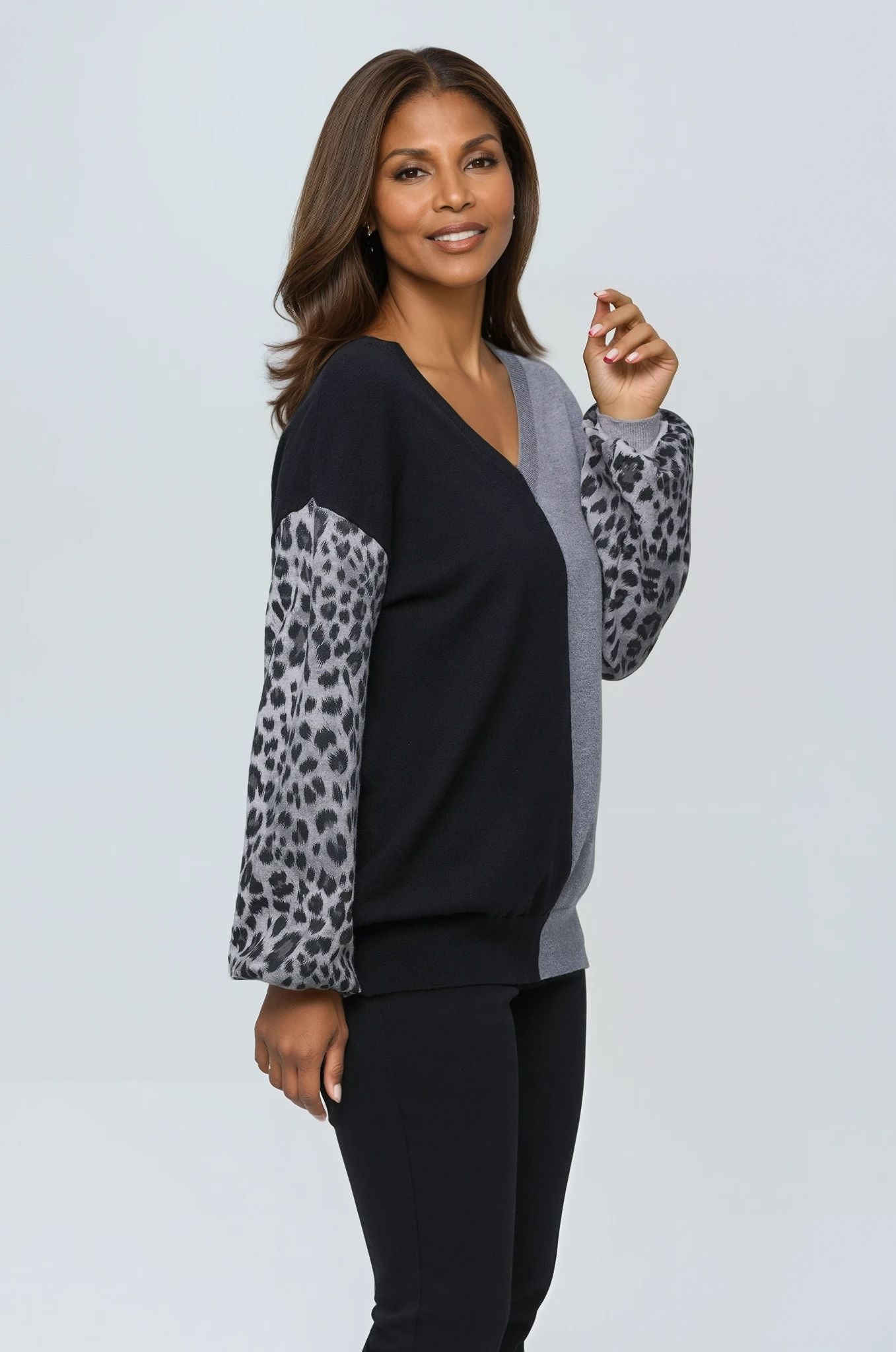 Cheetah Split V-Neck Knit Sweater