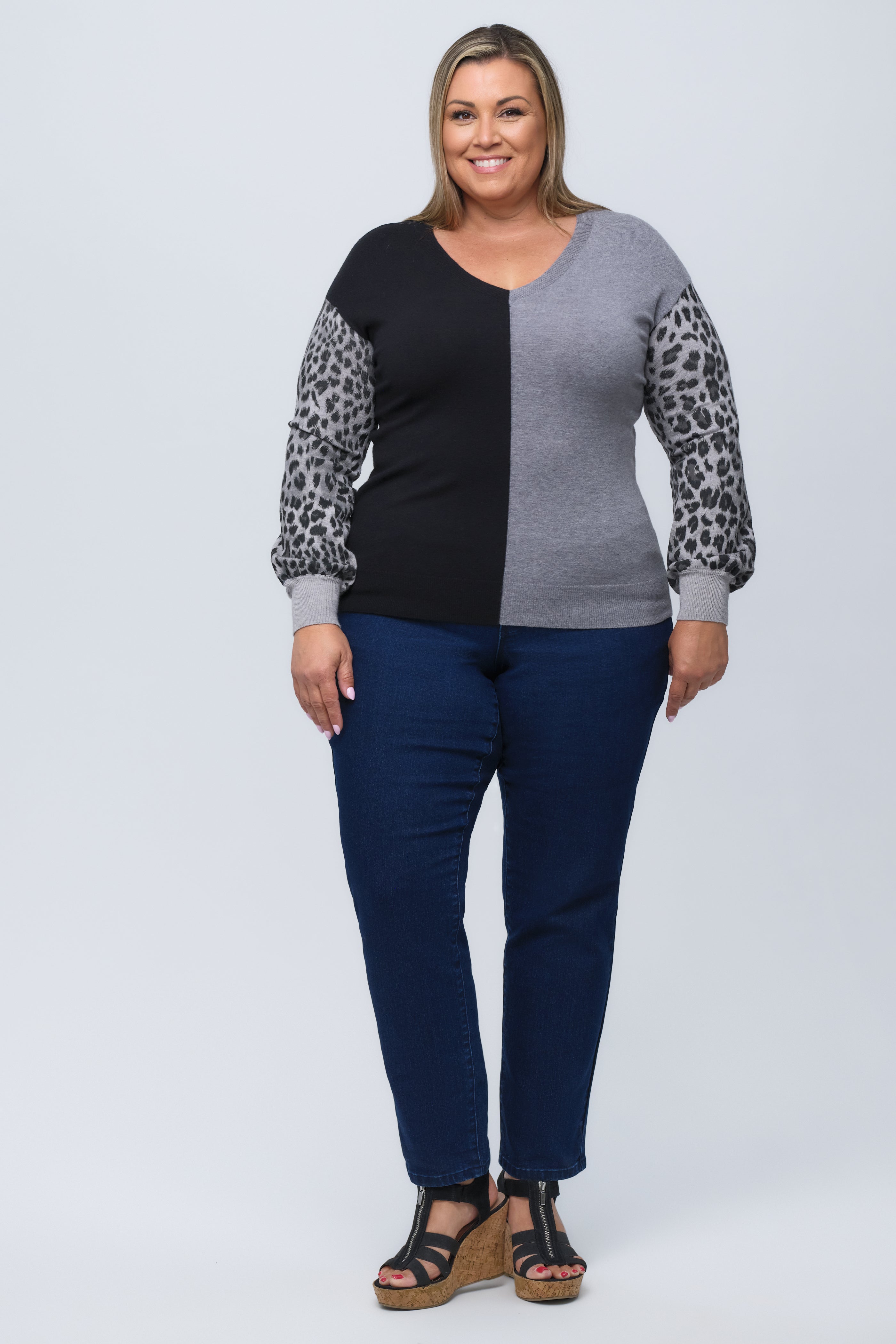Cheetah Split V-Neck Knit Sweater