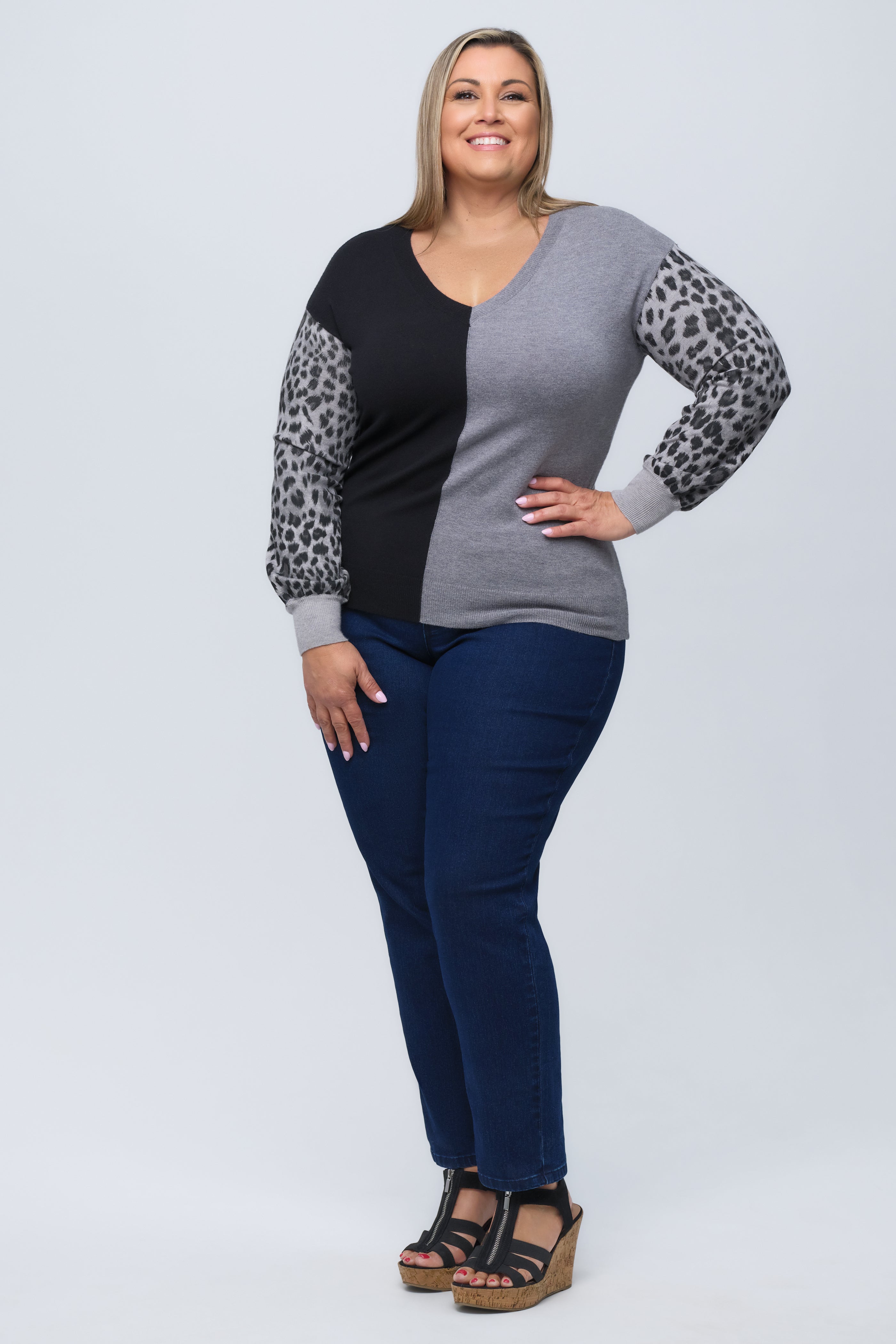 Cheetah Split V-Neck Knit Sweater
