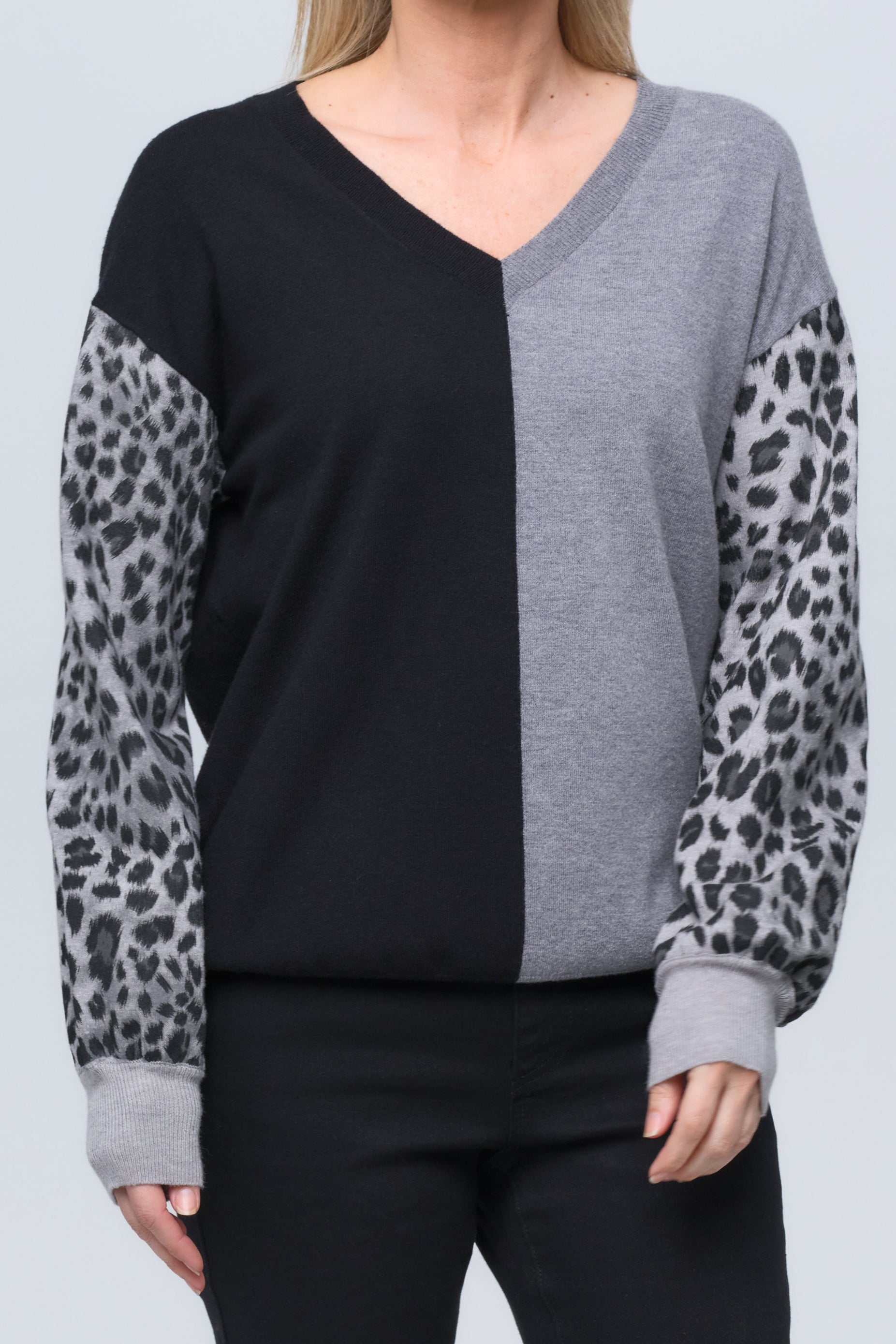 Cheetah Split V-Neck Knit Sweater