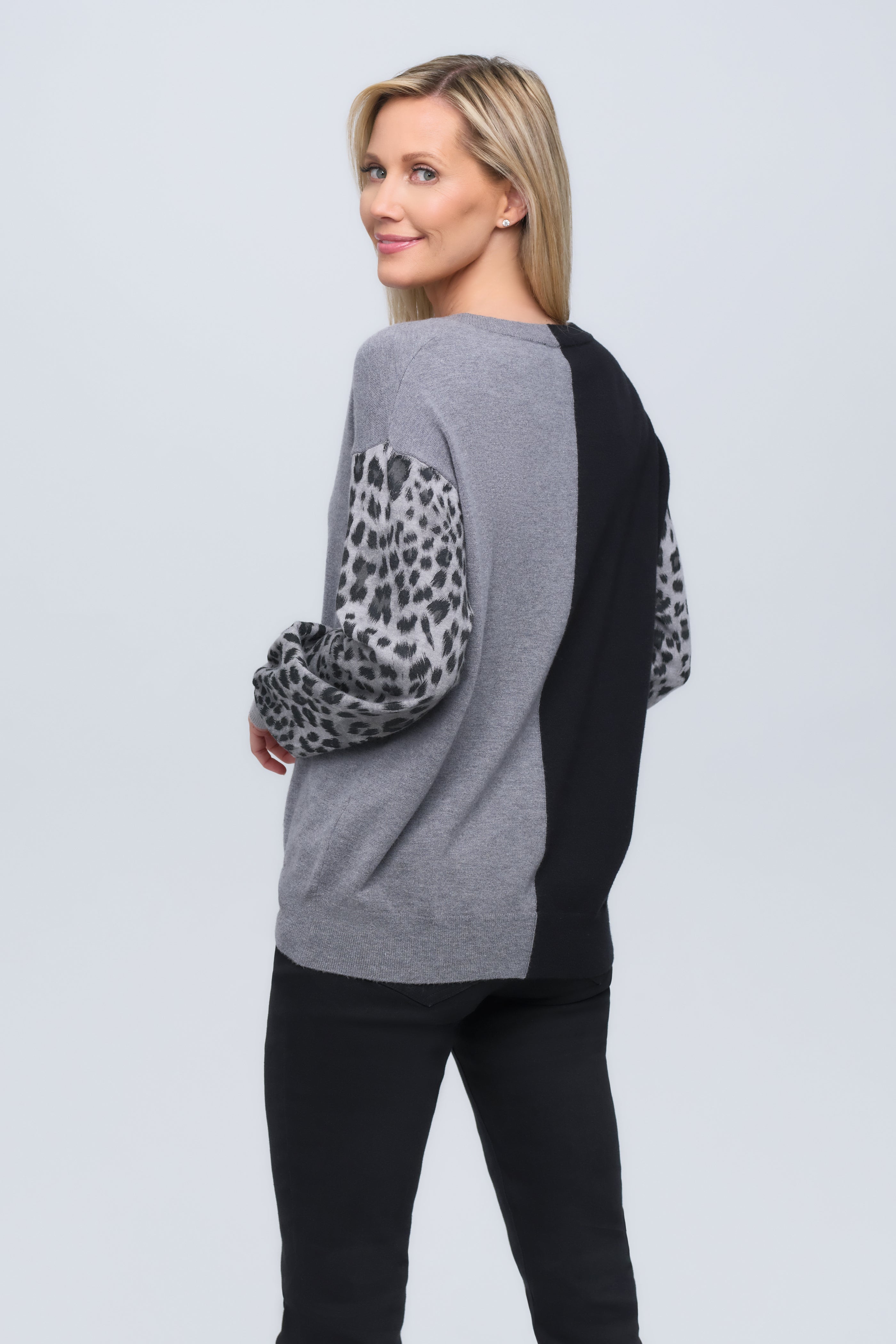 Cheetah Split V-Neck Knit Sweater