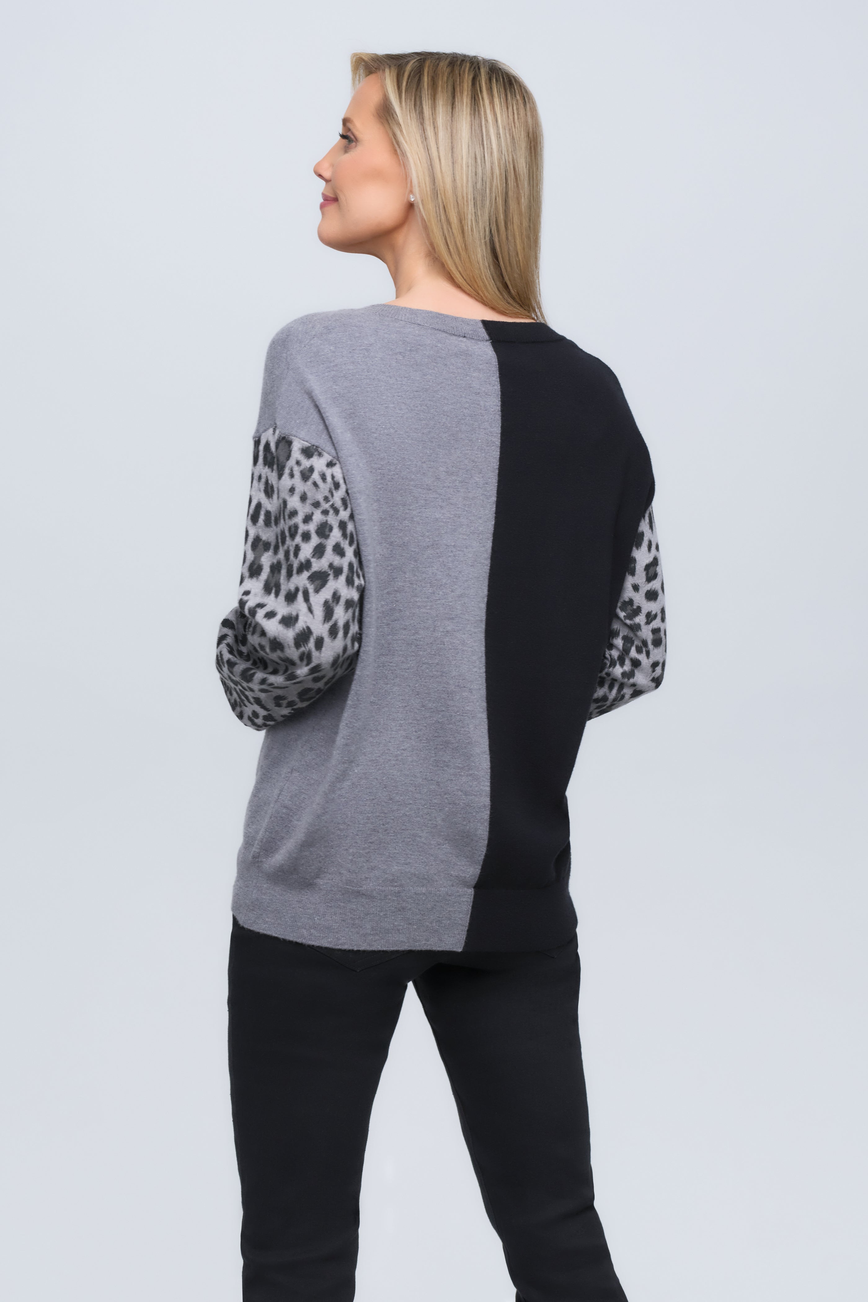 Cheetah Split V-Neck Knit Sweater