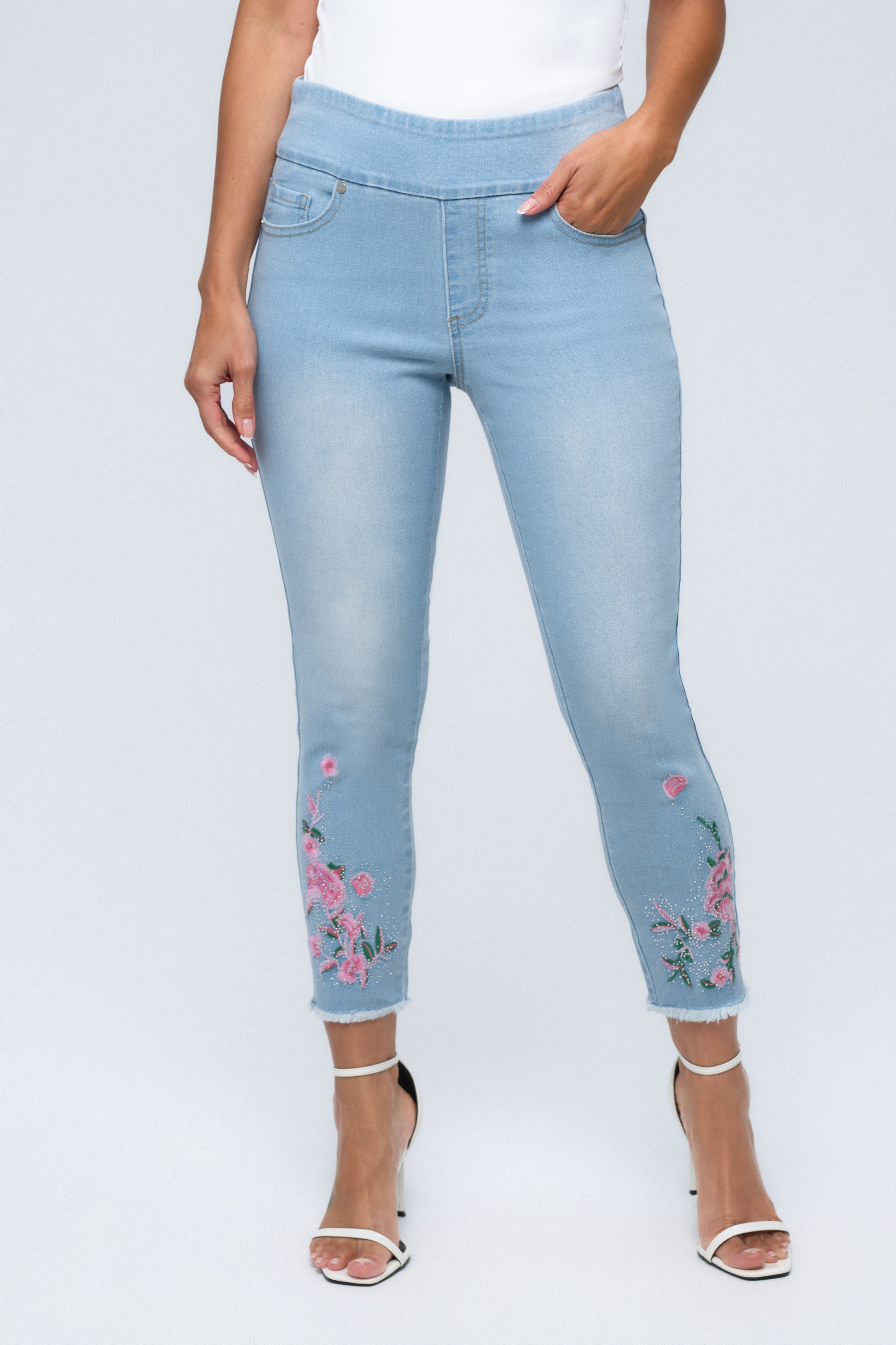 Capri Pull-On Bleach Blue High Rise Jeans With Pink Rose Embroidery