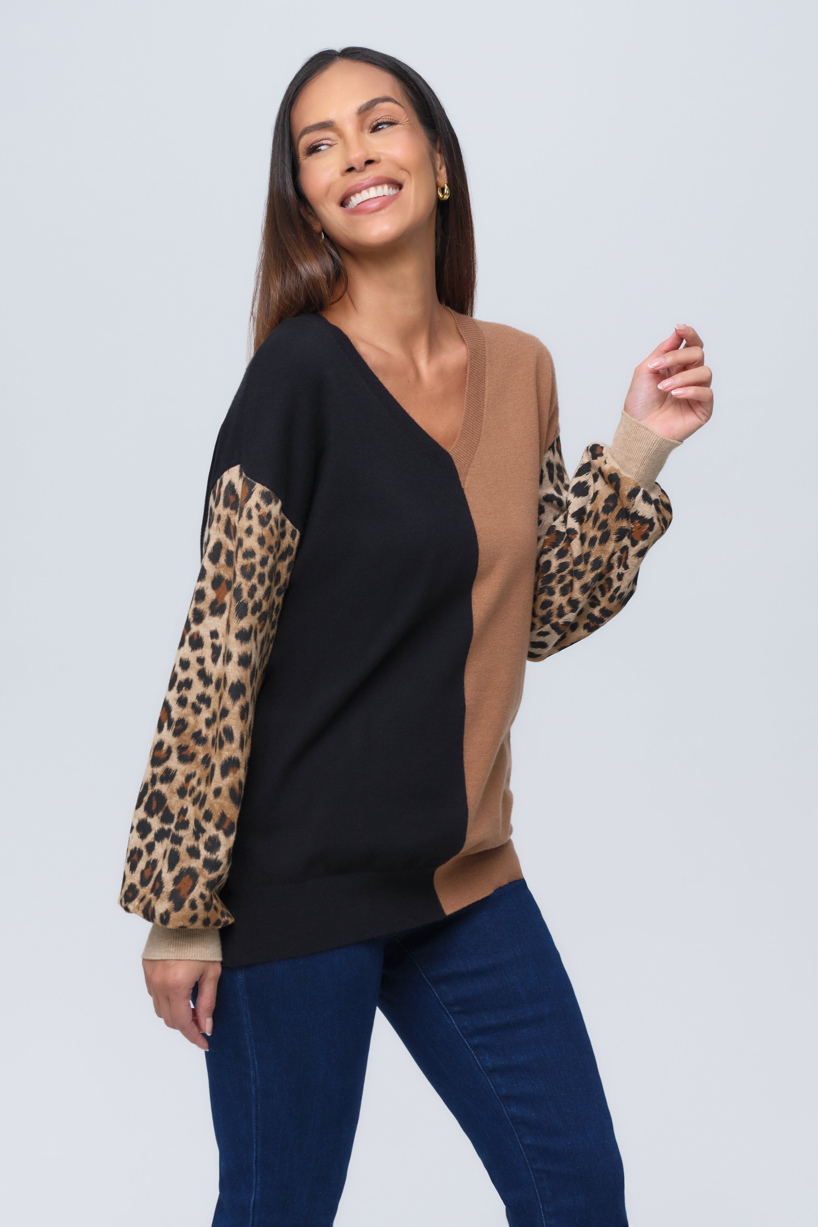 Cheetah Split V-Neck Knit Sweater