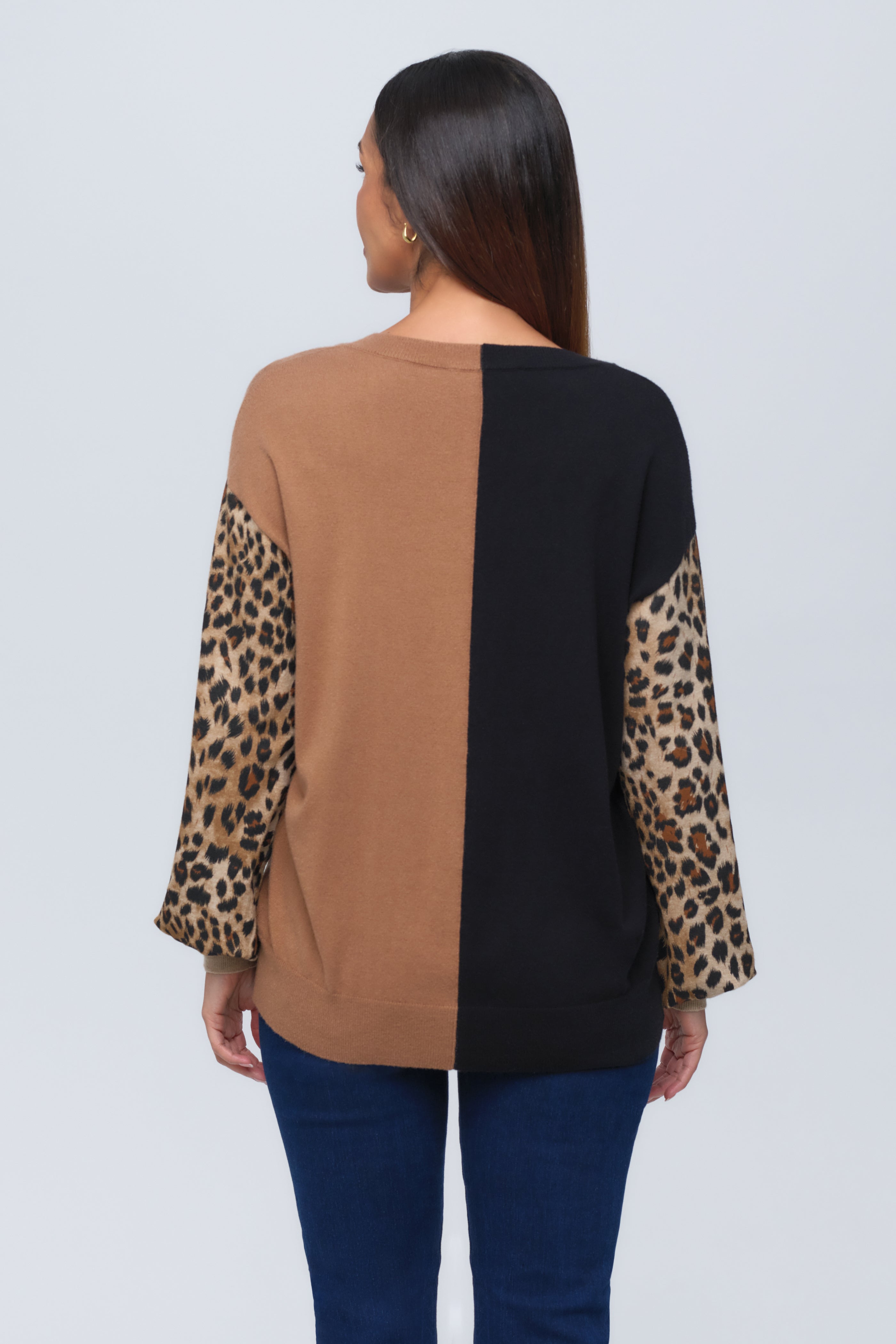 Cheetah Split V-Neck Knit Sweater