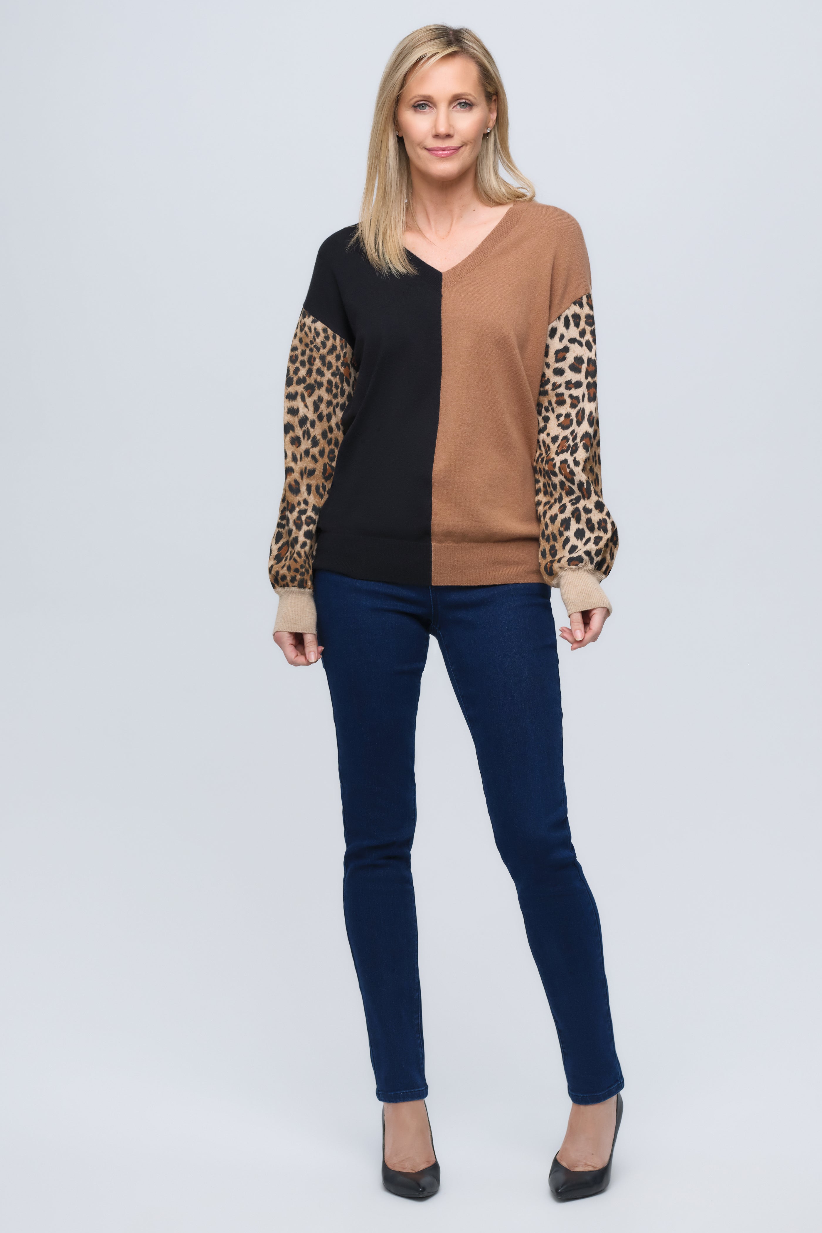 Cheetah Split V-Neck Knit Sweater