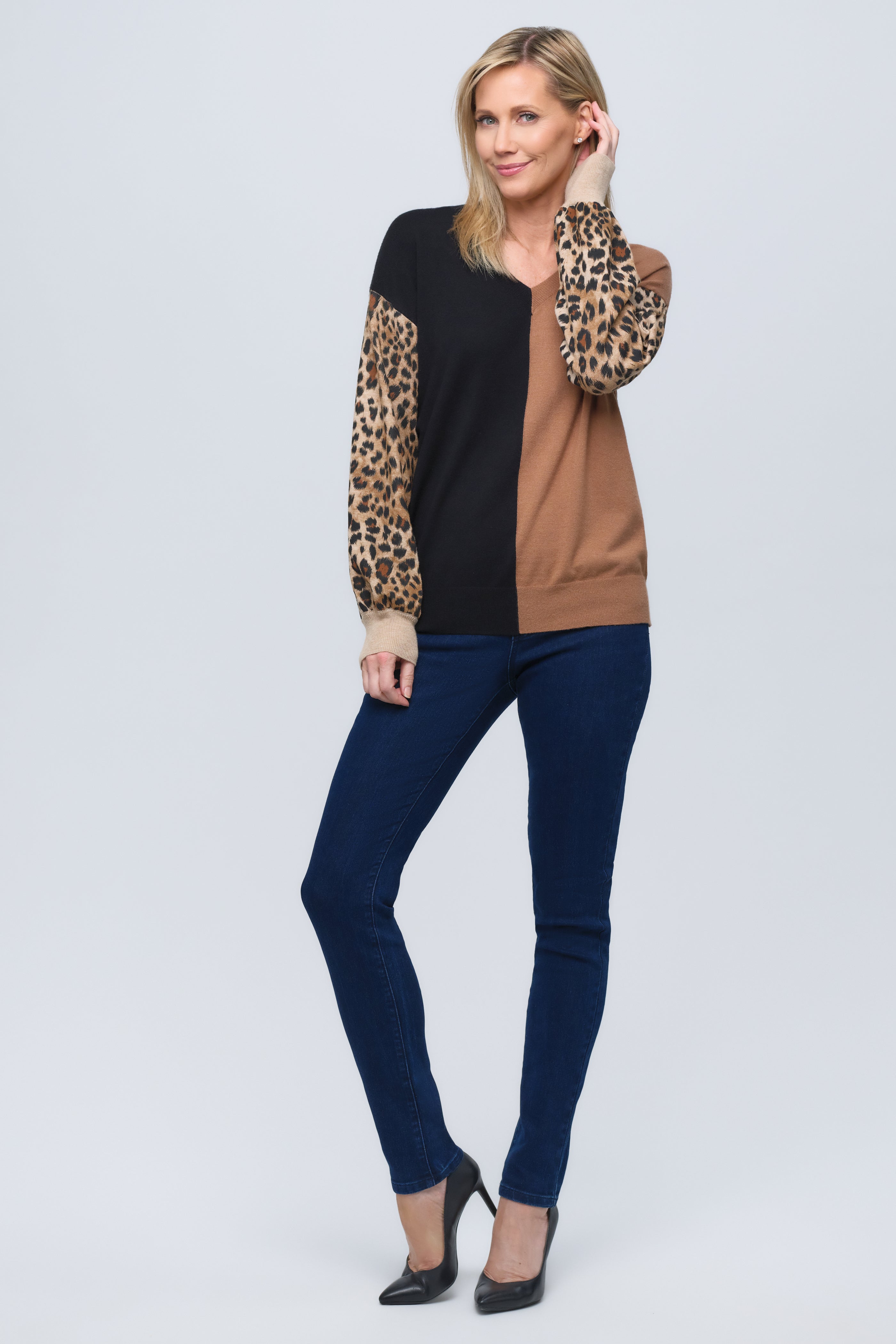 Cheetah Split V-Neck Knit Sweater