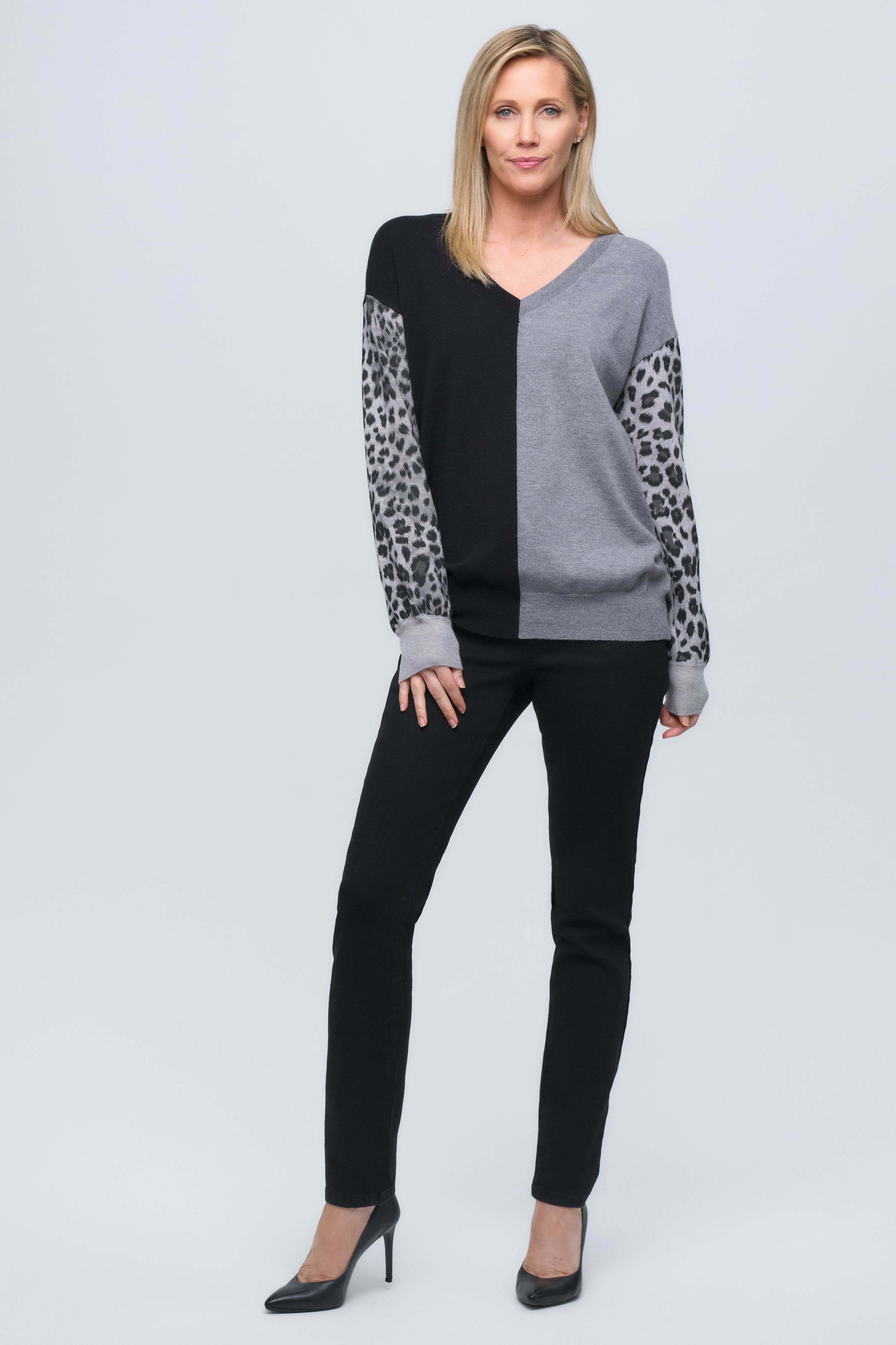 Cheetah Split V-Neck Knit Sweater